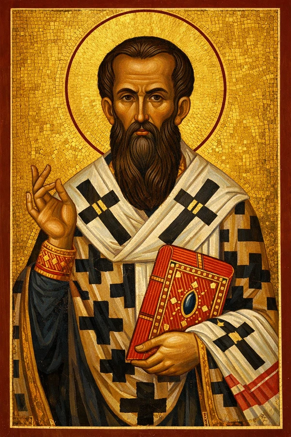 Saint Basil the Great Byzantine icon, Cappadocian father and bishop holding Gospel and blessing in theological wisdom