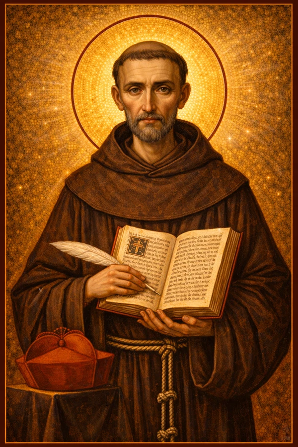 Saint Bonaventure Byzantine icon, Franciscan theologian holding book in meditation on divine illumination and the journey to God